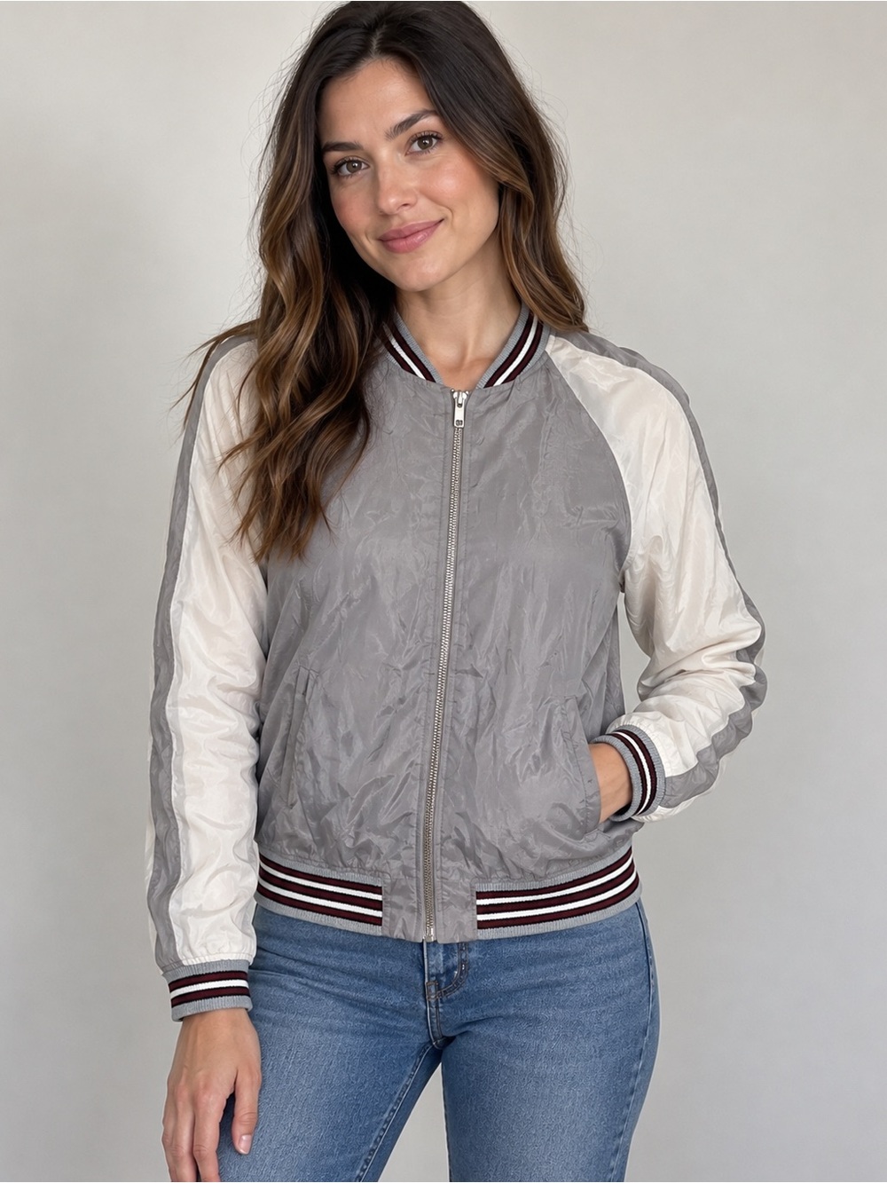 Light Gray and White Bomber Jacket